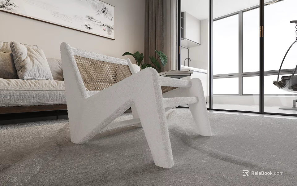 Modern Living Dining Room Interior With Cozy Sofa Accent Chair Large Window And Area Rug 3d model 