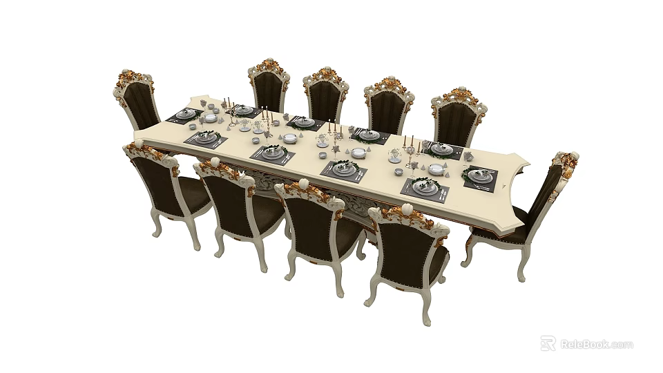 Elegant Long Dining Table Set With Ornate Carved Chairs And Place Settings 3d model