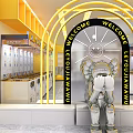 Indoor Amusement Park With Multiple Game Machines Yellow Background Walls Central Counter And Marble Floor