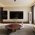 Elegant Modern Living and Dining Room With Curved Sofa Coffee Table Fireplace And Chandelier