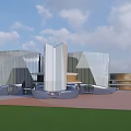 Modern Office Building Showcasing Unique Glass Curtain Walls And Green Lawn Front Design
