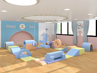 Kindergarten Indoor Play Area With Colorful Soft Toys Blue Pink Walls And Happy Baby Sign 3d model