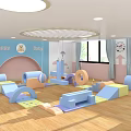 Kindergarten Indoor Play Area With Colorful Soft Toys Blue Pink Walls And Happy Baby Sign