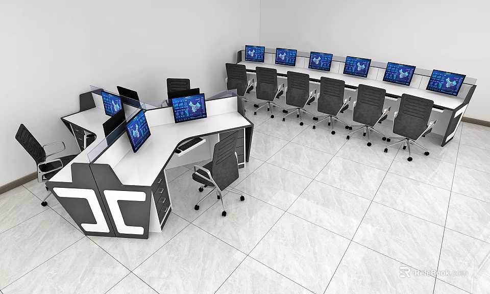 Modern Office Desks With Multiple Computer Screens And Ergonomic Office Chairs In Open Workspace 3d model 