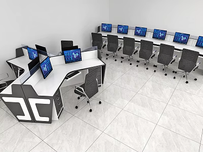Modern Office Desks With Multiple Computer Screens And Ergonomic Office Chairs In Open Workspace 3d model