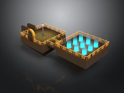 3D Scene Structure with Archway Street Lamp Fence and Glowing Blue Pillars 3d model