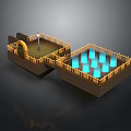 3D Scene Structure with Archway Street Lamp Fence and Glowing Blue Pillars