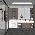 Modern Bathroom Interior With Glass Shower Partition Large Mirror Marble Vanity And Storage Cabinets