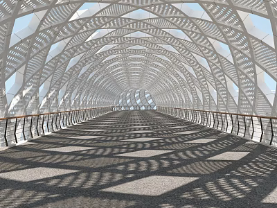 Modern Bridge With Arched Lattice Structure Sunlight Filtering Creating Geometric Shadows On Ground And Railings 3d model