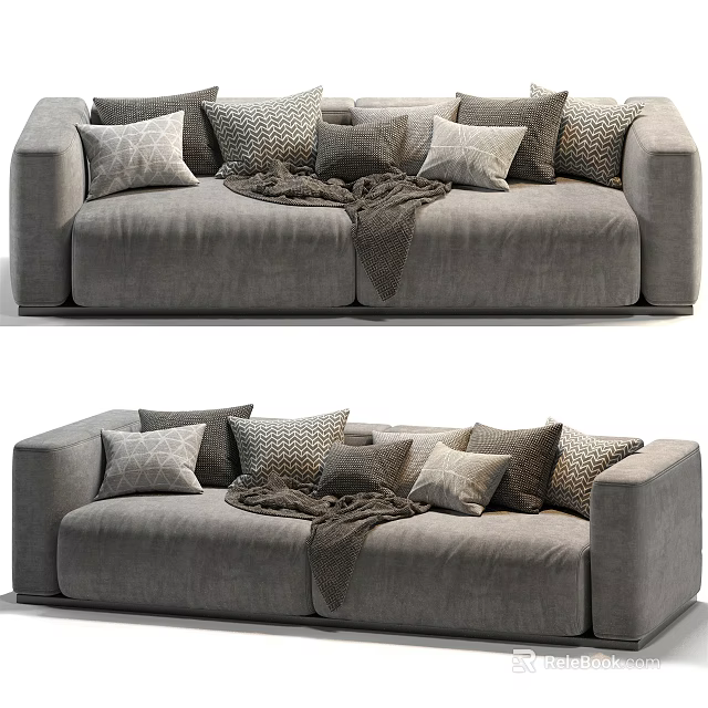 Modern Style Gray Two Seater Sofa With Multiple Cushions And Throw Blanket 3d model