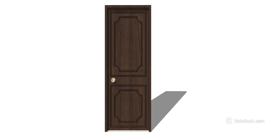 Dark Brown Solid Wood Interior Hinged Door With Panel Design And Golden Handle 3d model