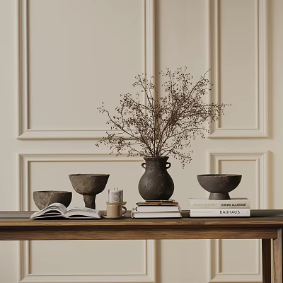 Vintage Tabletop Decorative Ornament Set With Ceramic Vessels Dried Flowers And Books 3d model