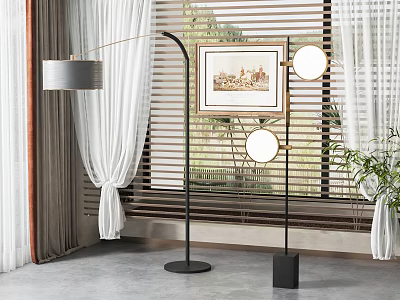 Stylish Floor Lamps In Living Room With Curtains And Art 3d model