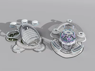 Cartoon Scene with Futuristic Transparent Mechanical Devices Round Structures Glowing Parts and Complex Interior Design 3d model