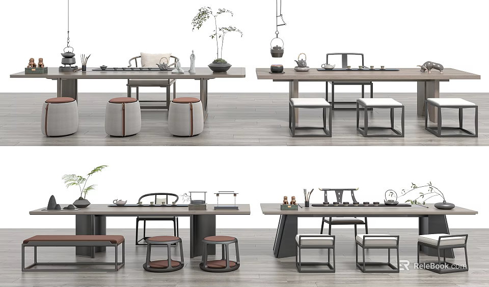 Modern Minimalist Tea Table And Chairs With Wooden Tabletop Stools And Tea Sets 3d model 