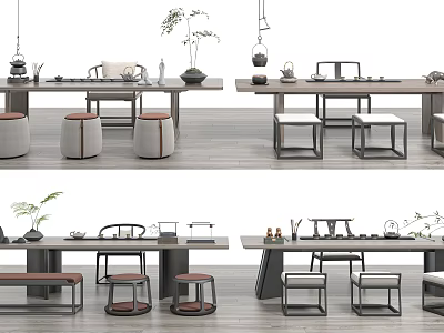 Modern Minimalist Tea Table And Chairs With Wooden Tabletop Stools And Tea Sets 3d model