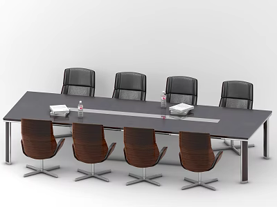 Modern Rectangular Dark Conference Table With Black Chairs Metal Legs Notebooks And Water Bottles 3d model