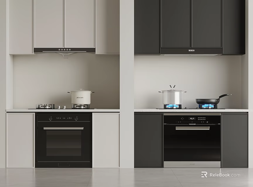 Modern Kitchen With Light And Dark Cabinets Stove Oven And Pots 3d model 