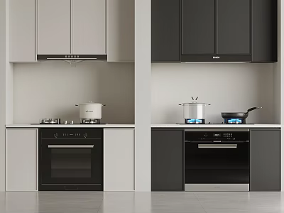 Modern Kitchen With Light And Dark Cabinets Stove Oven And Pots 3d model