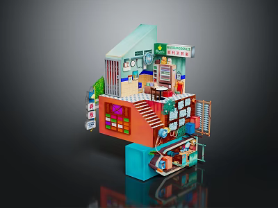 Cartoon Scene with 3D Multi Level Structure Colorful Rooms Staircase Windows and Decorations 3d model