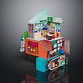 Cartoon Scene with 3D Multi Level Structure Colorful Rooms Staircase Windows and Decorations