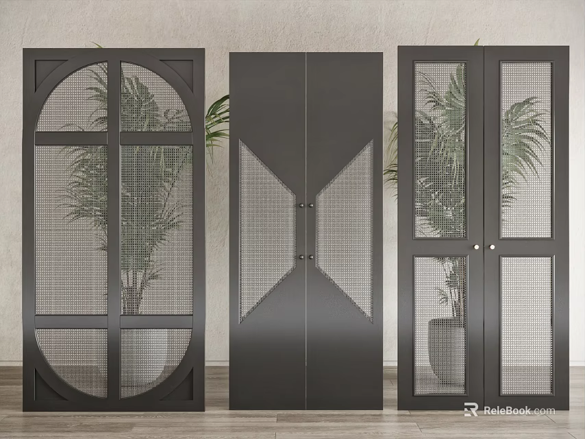 Modern Interior Design Featuring Double Doors With Mesh Panels And Geometric Patterns 3d model