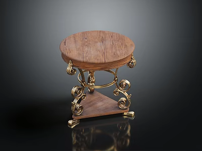 Round Wooden Table With Ornate Gold Metal Legs And Lower Shelf 3d model
