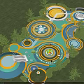 Vibrant Modern Garden Landscape Design With Circular Colorful Paved Areas And Surrounding Green Trees