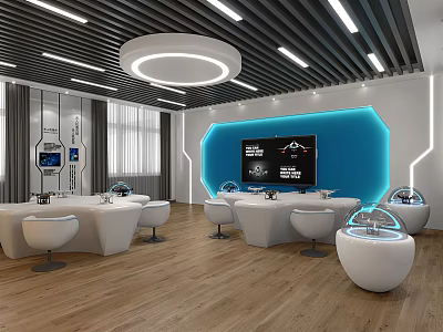 Modern Exhibition Hall Interior With Digital Screens White Seats And Lighting 3d model