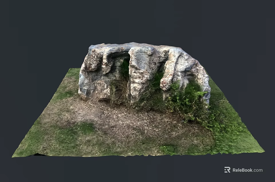 Natural Stone and Wood Landscape Feature With Green Moss Grass and Dirt 3d model 