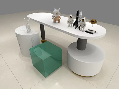 Modern White Display Shelf With Decorative Figurines And Transparent Cube Base 3d model