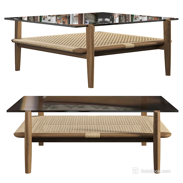 Modern Coffee Table With Wooden Frame Glass Top And Woven Lower Shelf 3d model 