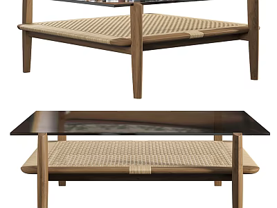 Modern Coffee Table With Wooden Frame Glass Top And Woven Lower Shelf 3d model
