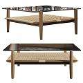 Modern Coffee Table With Wooden Frame Glass Top And Woven Lower Shelf