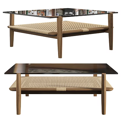 Modern Coffee Table With Wooden Frame Glass Top And Woven Lower Shelf 3d model