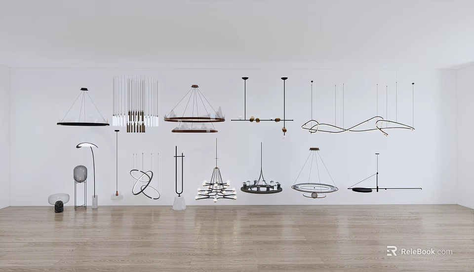 Various Design Modern Pendant Lights In Display Space With White Walls And Wooden Floor 3d model 