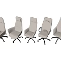 Five White Office Chairs with Wheels Different Backrest Designs Neatly Arranged in Light Background