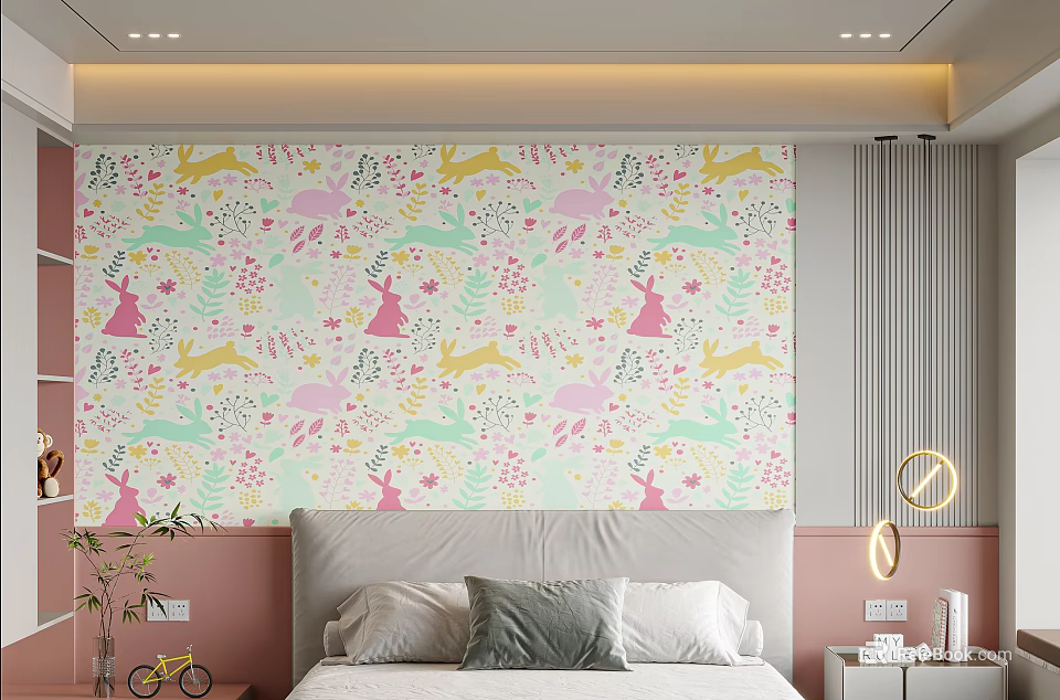 Cute Kids Room With Pink Rabbit Wallpaper Bed Toy Bike And Green Plant Decor 3d model 