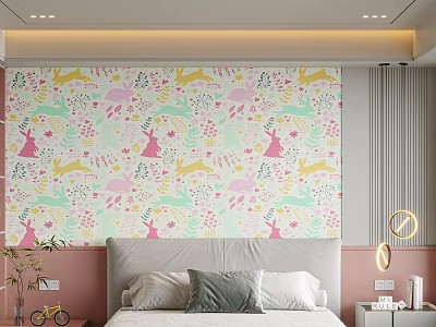 Cute Kids Room With Pink Rabbit Wallpaper Bed Toy Bike And Green Plant Decor 3d model