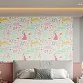 Cute Kids Room With Pink Rabbit Wallpaper Bed Toy Bike And Green Plant Decor