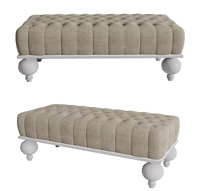 Elegant Modern Rectangular Beige Tufted Upholstered Ottoman With White Spherical Legs 3d model