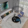Modern Gray Sofa With Decorative Pillows And Gold Frame Black Coffee Table Set 3d model