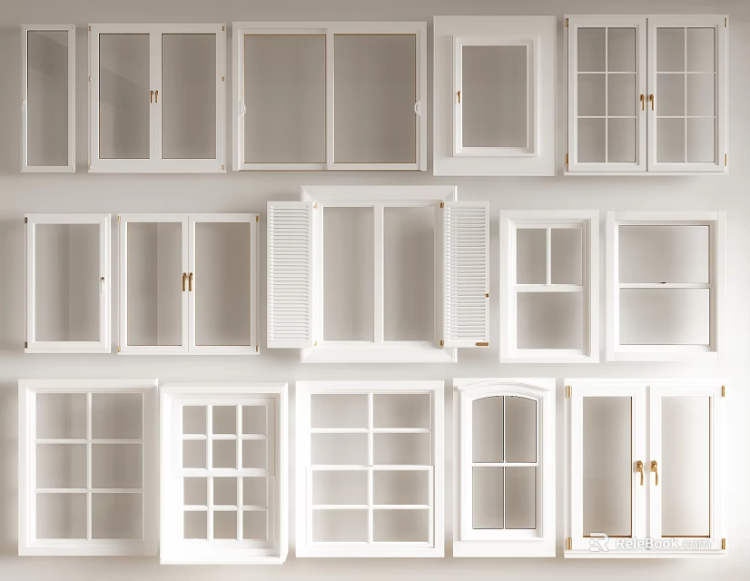 Casement Windows Displaying Various White Frame Styles And Different Glass Designs 3d model