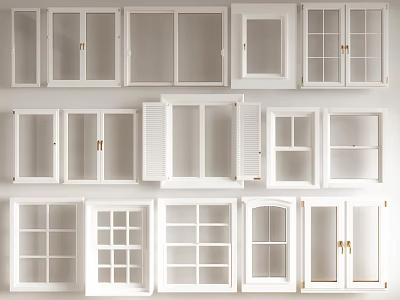 Casement Windows Displaying Various White Frame Styles And Different Glass Designs 3d model