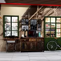 Vintage Daily Living Items With Green Windows Dark Cabinet Bicycle And Decorative Paintings