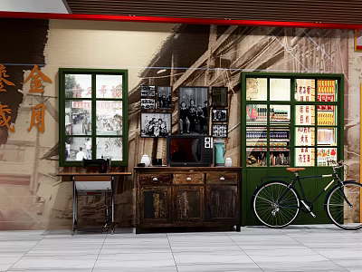 Vintage Daily Living Items With Green Windows Dark Cabinet Bicycle And Decorative Paintings 3d model