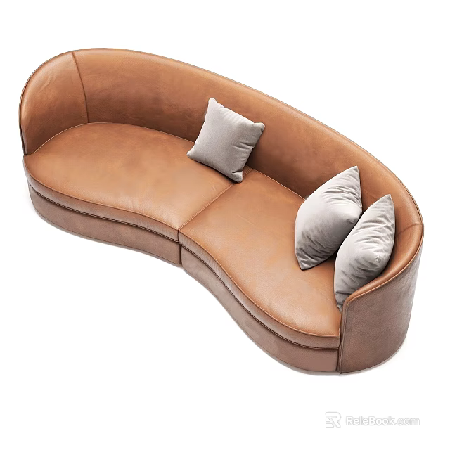 Modern Curved Brown Leather Sectional Sofa with Gray Accent Pillows 3d model