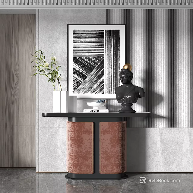 Modern Entryway Console Table And Side Cabinet Design With Decorative Vase And Sculpture 3d model 