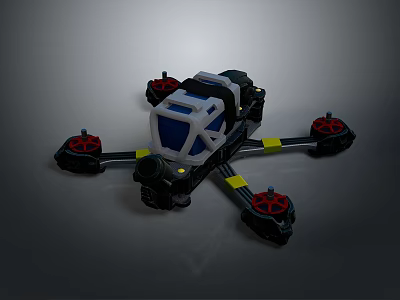 Quadcopter Drone Model With Black White Frame Red Propellers And Yellow Accents 3d model