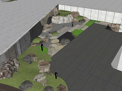 Courtyard Garden Landscape With Natural Rocks Green Grass And Paved Walkway Design 3d model
